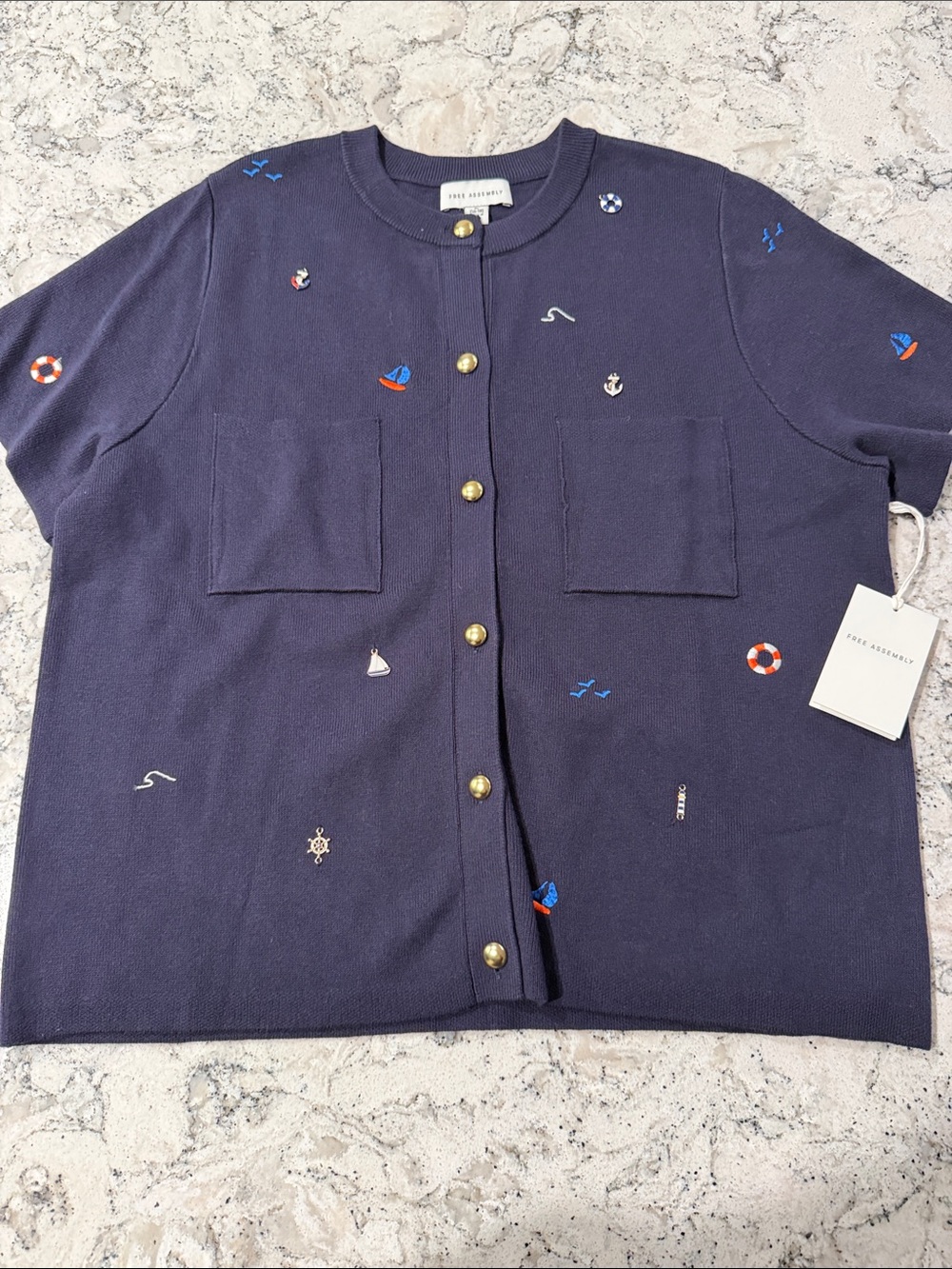 Free Assembly Navy Short-Sleeve Embroidered Nautical Cardigan
